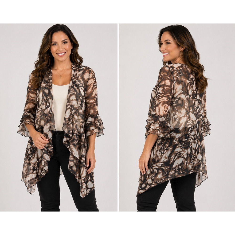 Dressbarn Womens Brown Abstract Chiffon‎ Ruffle Sleeve Open Front Cardigan L
